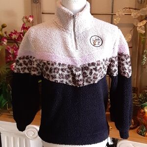 BUCEE'S POLYESTER 1/4 Zip Pink Cap Leopard Brown & Cream Fleece